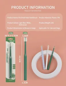 Pet toothbrush detail view showing soft bristles, lightweight TPE material and dimensions.