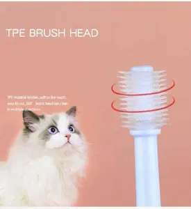 Close-up detail shot of 360-degree soft TPE pet toothbrush head for gentle oral cleaning care.