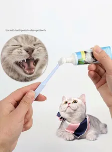 Close-up detail of soft pet toothbrush and toothpaste application for oral care cleaning.