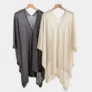Cardigan de mezcla de lino suelto para verano cuello en V con botón capa de playa mujer