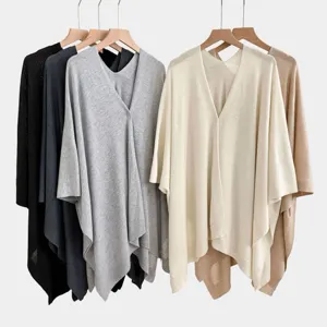 Donna colore solido lavorato a maglia poncho cardigan maglione largo scollo a v mantella