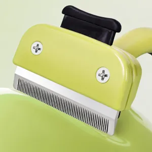 Pet deshedding comb for cats and dogs, stainless steel teeth with easy clean button tool.