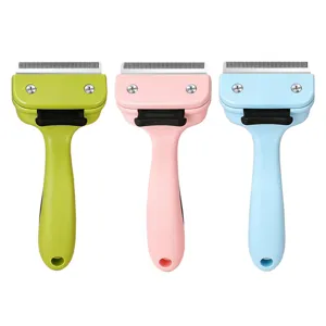 Pet deshedding comb for cats and dogs, self-cleaning slicker brush with metal teeth.