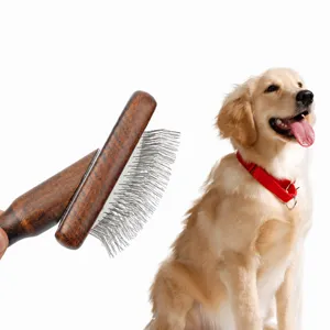 Wooden pet slicker brush for dogs and cats, ideal for grooming and removing loose hair.
