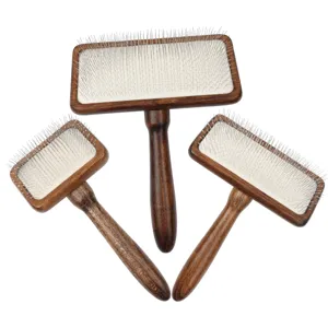 Wooden pet slicker brush set for cats and dogs grooming, fluffy styling and loose hair removal.