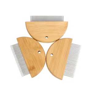 Set of 3 wooden handle pet flea combs with fine metal teeth for cats and dogs grooming.