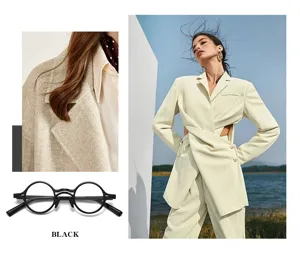 Elegante schwarze runde Blaulichtfilter Brille mit schickem modischem Outfit Kombinationsbild.