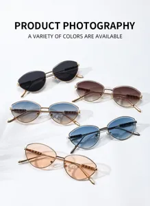 Elegantes gafas de sol cat-eye de metal de moda para mujer, varios colores de lentes disponibles.