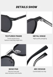 Classic fashion small frame plastic sunglasses with metal hinge and comfortable nose pad details.