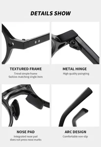 Schwarze Brille mit rundem Rahmen, Metallscharnier und Nasenpolster im Detail gezeigt.