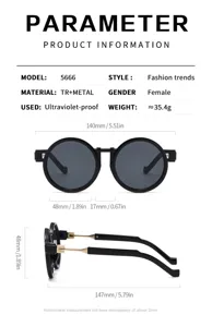 Detaillierte technische Spezifikation der runden Vintage-Sonnenbrille mit TR-Metallen.