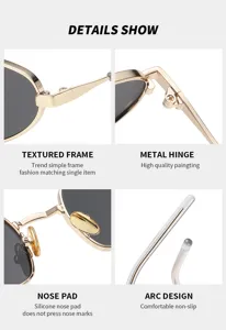 Detalle de gafas de sol de metal con bisagra texturizada y almohadillas de silicona para la nariz.