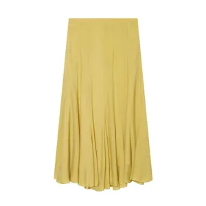 Yellow flowing midi skirt detail, elegant draped fabric texture and hemline design.