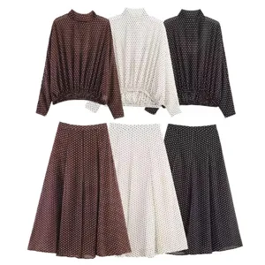 Women Polka Dot Long Sleeve Bow Tie Neck Top And A-Line Midi Skirt Two Piece Set Casual Fashion Woven Polyester Outfit