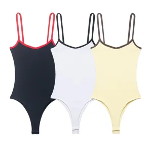 Women Contrast Trim Bodysuit Ribbed Knit Sleeveless Backless One Piece Top Slim Fit Casual Bodysuit For Summer Daily Dating