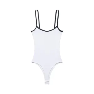 White ribbed bodysuit featuring contrasting black trim and double thin straps for women.