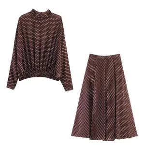 Brown polka dot blouse and midi skirt two piece set for women elegant vintage autumn outfit.