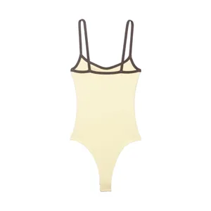 Ribbed contrast trim bodysuit detail view showing classic design and fine fabric texture.