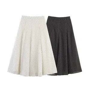Women polka dot midi skirt set, high waist A-line elegant casual stylish skirt apparel.