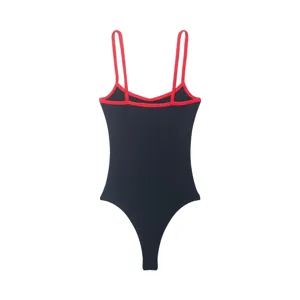 Contrast trim ribbed bodysuit detail, showcasing the vibrant red straps and edging features.