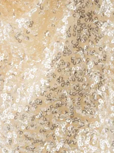 Primo piano dettagliato del tessuto a rete con paillettes color oro champagne.