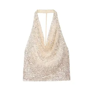 Top Halter in Poliestere da Donna Sexy Schiena Scoperta Collo a Cappuccio Camisole Crop Top Lucido Festa Nightclub Taglio Slim