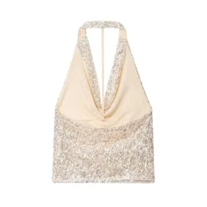 Top Donna Paillettes Halter Schiena Scoperta Sexy Luminoso Party Clubwear Elegante