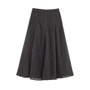 Classic black and white polka dot midi skirt, elegant A-line silhouette for chic daily style.