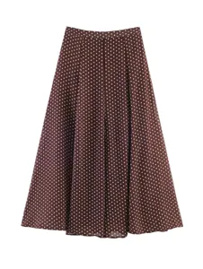 Brown polka dot midi skirt, elegant A-line silhouette, perfect for daily wear or casual outings.