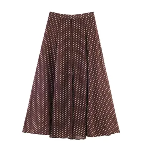 Brown polka dot midi skirt with a high waist A-line silhouette for elegant women fashion daily wear.