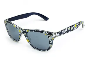 Vintage Sonnenbrille mit weißem Gänseblümchen Muster, dunklem Rahmen und grauen Gläsern.