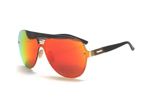 Detail view of the bold oversized shield sunglasses with gradient red green lenses and gold accents.
