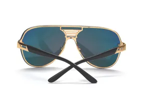 Detailed view of stylish oversized metal frame sunglasses with vibrant mirrored lenses.
