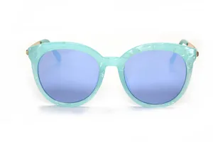 Schicke Damen Sonnenblende mit hellblauen Marmorrahmen und blauen Spiegelgläsern.