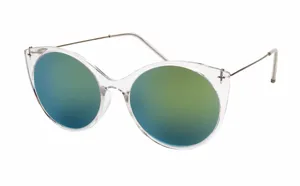 Close-up view of clear frame sunglasses with vibrant reflective lenses and slim metal temples.