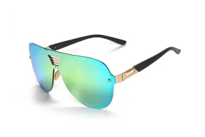 Close-up detail view of fashionable colorful mirror shield sunglasses with metal frame.