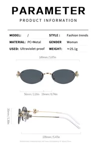 Gafas de sol ovaladas sin montura mujer con pedrería protección UV tabla de especificaciones detallada