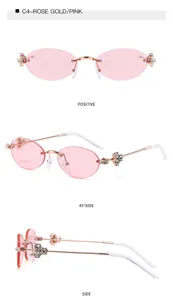 Gafas de sol ovaladas rosas sin montura con pedrería brillante y patillas doradas.
