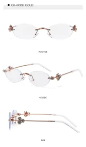 Gafas de sol sin montura elegantes con montura de metal oro rosa y pedrería brillante.