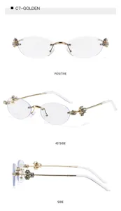 Vista detallada de gafas de sol sin montura con pedrería brillante y patillas de lujo elegantes.