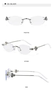 Gafas de sol de metal sin montura con patillas de cruz de pedrería y marco plateado