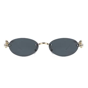 Chic gafas de sol ovaladas sin montura strass patillas doradas moda decorativas gafas