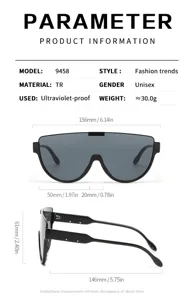 Occhiali da sole grandi monoblocco moda montatura TR unisex protezione UV modello 9458
