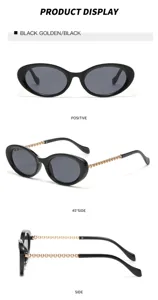 Detailansicht schwarzer Ovalsonsnenbrille mit goldenen Kettendetails. Mehrwinkelansicht.