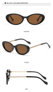 Detailansicht stilvoller kleiner Ovale Sonnenbrille mit schicken Metallkettengriffen braun.