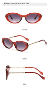 Rote ovale Sonnenbrille für Damen, modische Farbverlauf-Graugläser mit goldenen Kettentempeln.