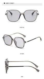 Vue détaillée de lunettes de soleil carrées en plastique tendance, monture grise polyvalente.