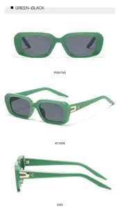 Green rectangular sunglasses detail shot showing front, 45-degree, and side angles clearly.