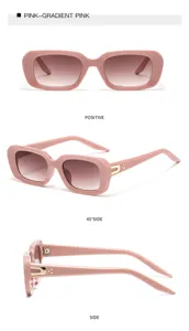 Detailed multi-angle view of stylish pink gradient sunglasses with classic thick frame design.