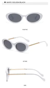 Modische kleine ovale Sonnenbrille mit Metallkette Bügeln weißer Rahmen schicke Damen